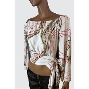 vintage 1Women's Off-Shoulder Long Sleeve Wrap Top with Abstract Stripe Pattern
